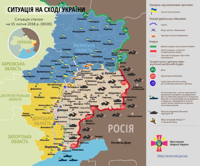 Карта ООС с расположением сил и средств "ЛНР/ДНР" и ВСУ от 15.07.2018