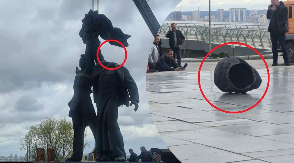 При демонтаже памятника дружбы Украины и РФ у российского рабочего отвалилась голова – видео очевидцев