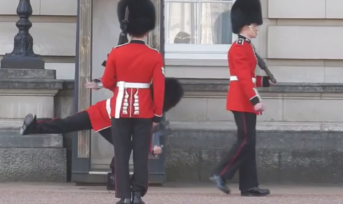 ​В Лондоне часовой у Букингемского дворца рассмеялся, упав на посту. Видео