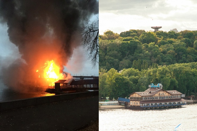 В Киеве на Днепре пылает корабль-ресторан