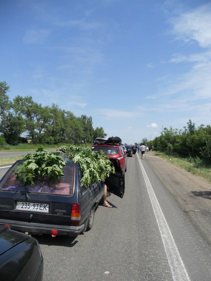 Видео гигантской пробки на трассе Мариуполь-Донецк на блокпосту в Волновахе 25.06.2015