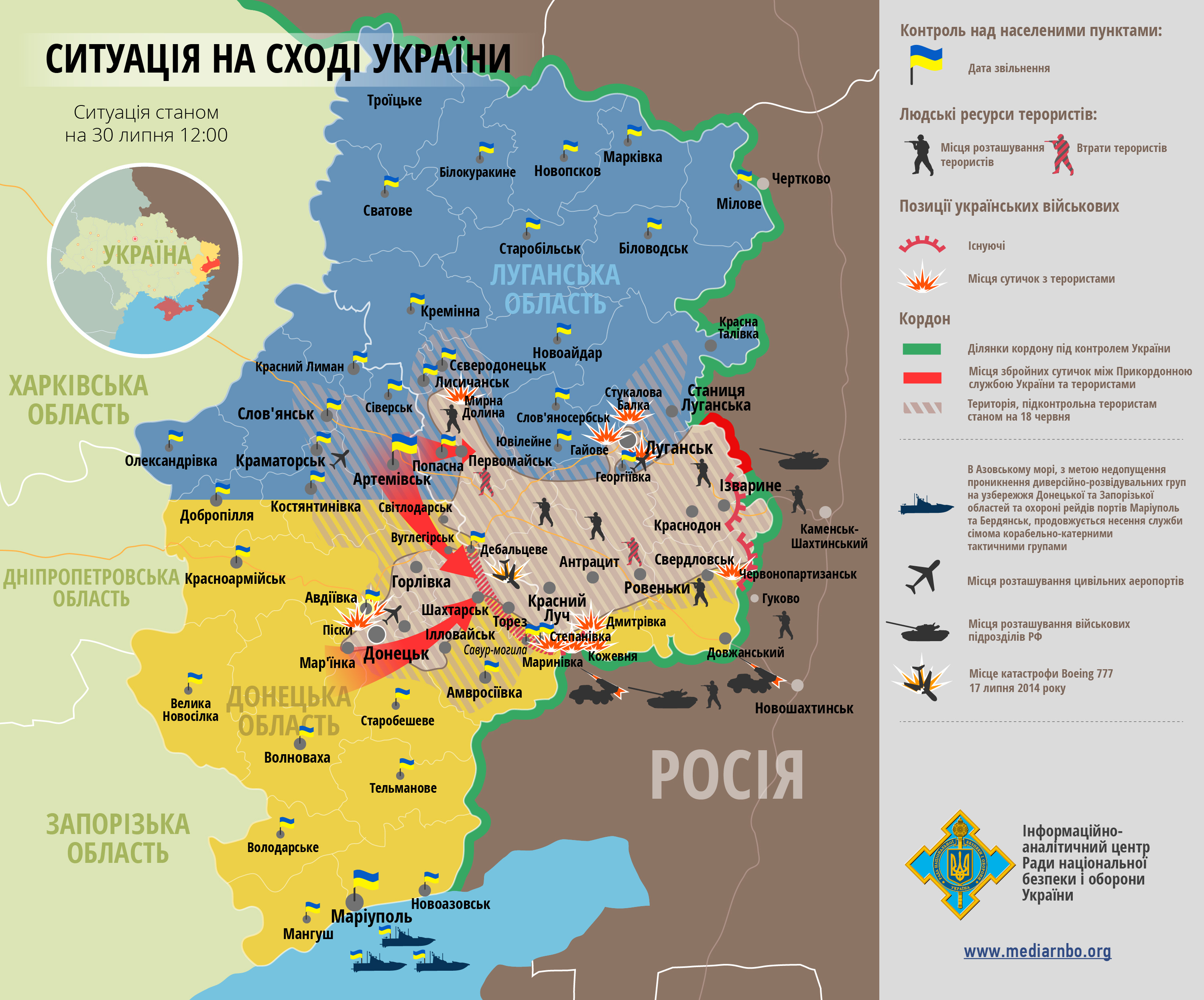 Карта боевых действия в зоне АТО по состоянию на 30.07