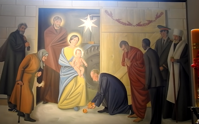 В Беларуси "канонизировали" Путина и Обаму - в костеле нанесли на фреску изображения президентов, восхваляющих рождение Иисуса, - кадры