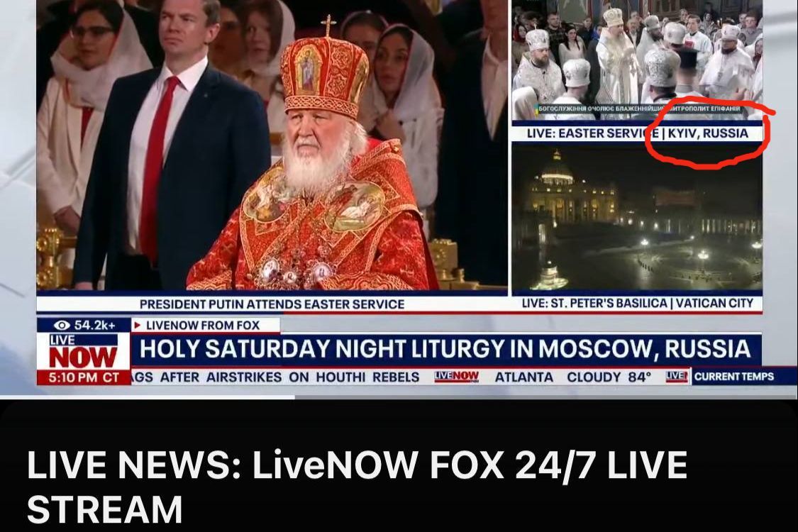 ​Fox News транслировал службу РПЦ с участием Путина и Гундяева и назвал Киев "Россией"